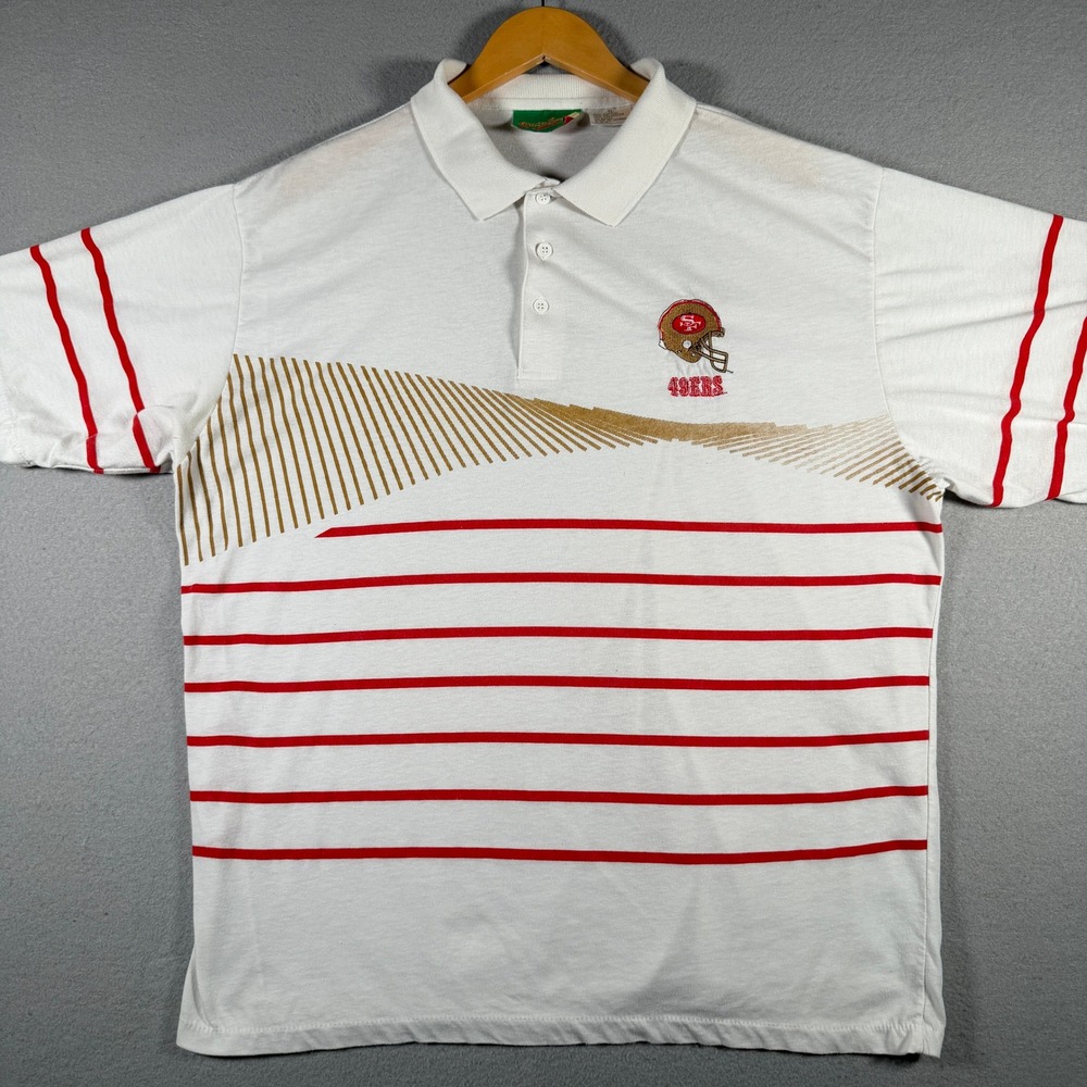 Vintage Main Sportz San Francisco 49ers Polo Shirt Men XL White Red Gold Striped